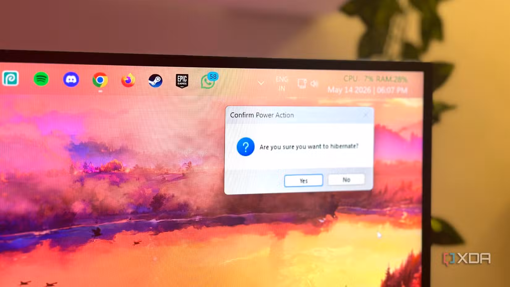 Окно подтверждения перехода в режим гибернации на рабочем столе Windows 11